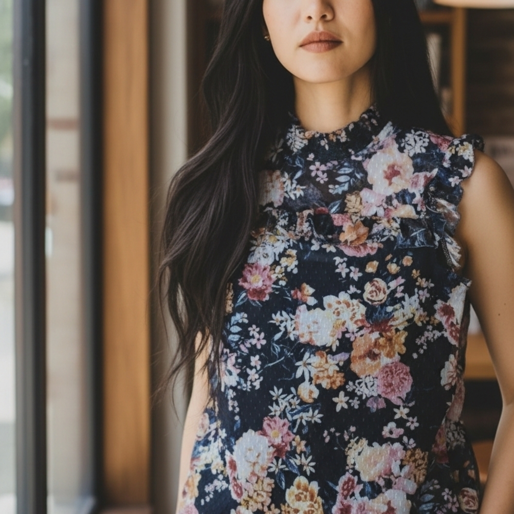 Floral Ruffle Mock Neck Blouse - Navy